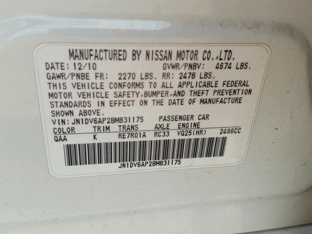 JN1DV6AP2BM831175 - 2011 INFINITI G25 BASE WHITE photo 10