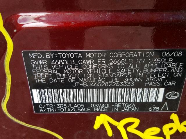 JTHBJ46G282263333 - 2008 LEXUS ES 350 BURGUNDY photo 10