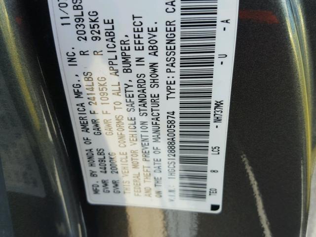 1HGCS12888A005874 - 2008 HONDA ACCORD EXL GRAY photo 10