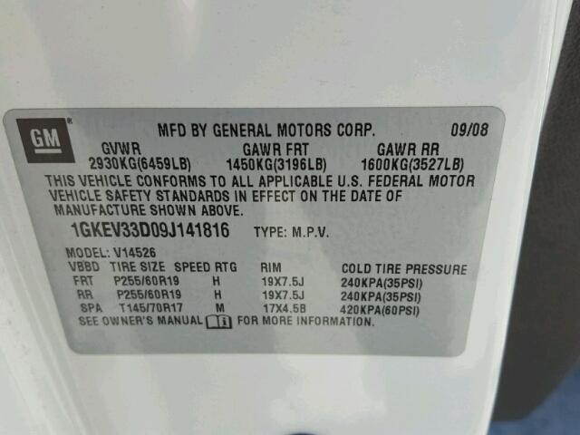 1GKEV33D09J141816 - 2009 GMC ACADIA SLT თეთრი ფოტო 10