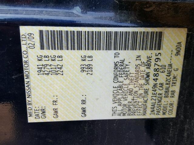 1N4AL21E49N488795 - 2009 NISSAN ALTIMA BLUE photo 10