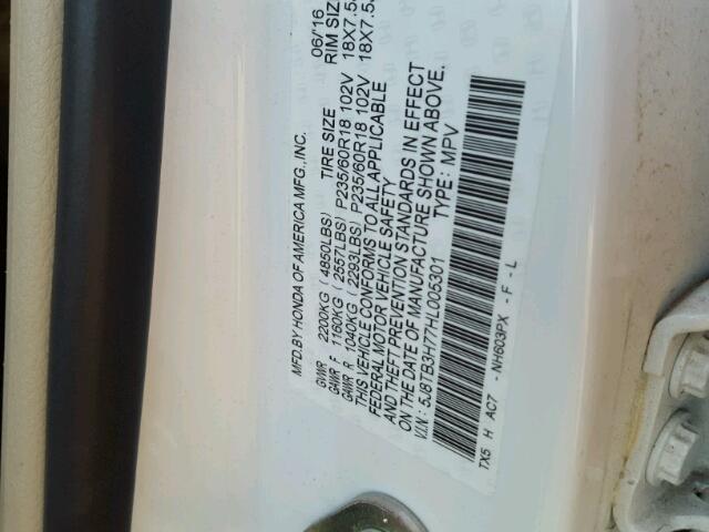 5J8TB3H77HL005301 - 2017 ACURA RDX WHITE photo 10