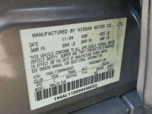 1N4AL11D95N446022 - 2005 NISSAN ALTIMA GOLD photo 10