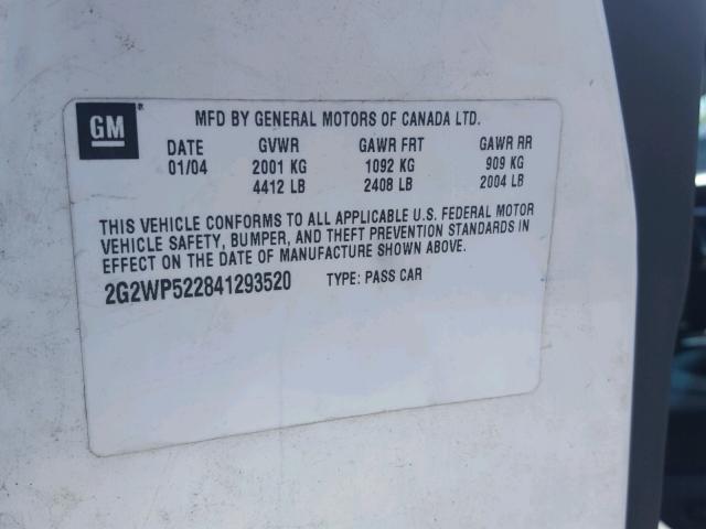 2G2WP522841293520 - 2004 PONTIAC GRAND PRIX WHITE photo 10