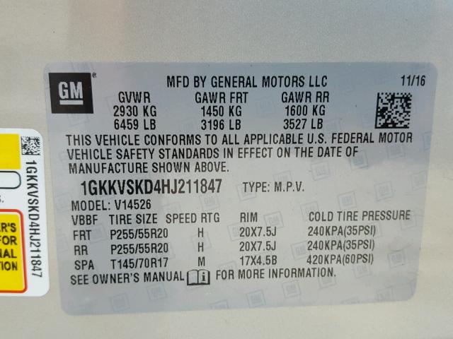 1GKKVSKD4HJ211847 - 2017 GMC ACADIA LIM TAN photo 10