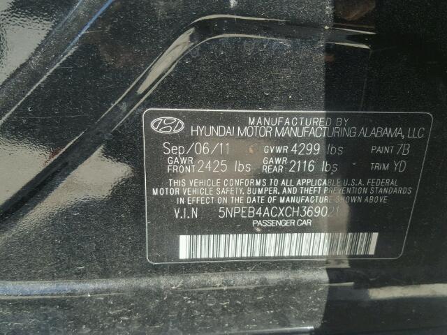 5NPEB4ACXCH369021 - 2012 HYUNDAI SONATA GLS BLACK photo 10