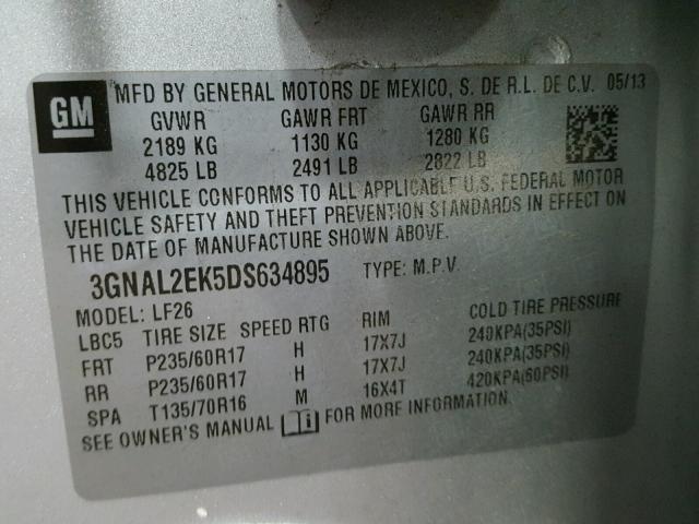 3GNAL2EK5DS634895 - 2013 CHEVROLET CAPTIVA LS 银色 照片 10