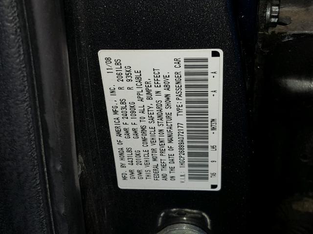 1HGCP26899A072177 - 2009 HONDA ACCORD EXL GRAY photo 10