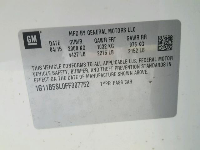 1G11B5SL0FF307752 - 2015 CHEVROLET MALIBU LS თეთრი ფოტო 10