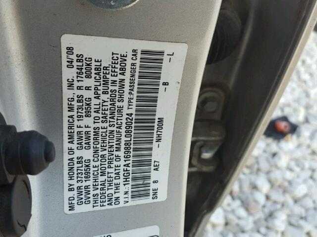 1HGFA16988L089024 - 2008 HONDA CIVIC EXL SILVER photo 10