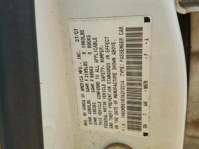 1HGCM56187A212214 - 2007 HONDA ACCORD WHITE photo 10