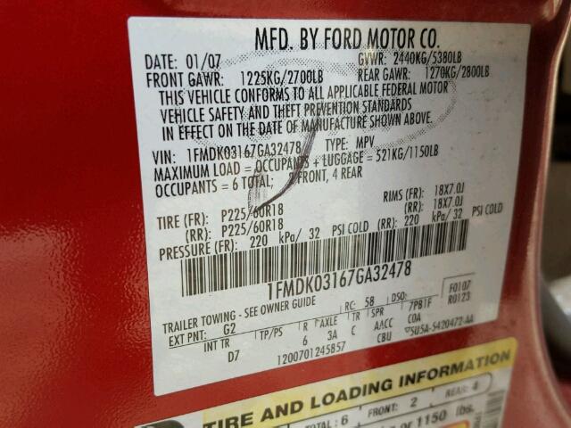 1FMDK03167GA32478 - 2007 FORD FREESTYLE RED photo 10