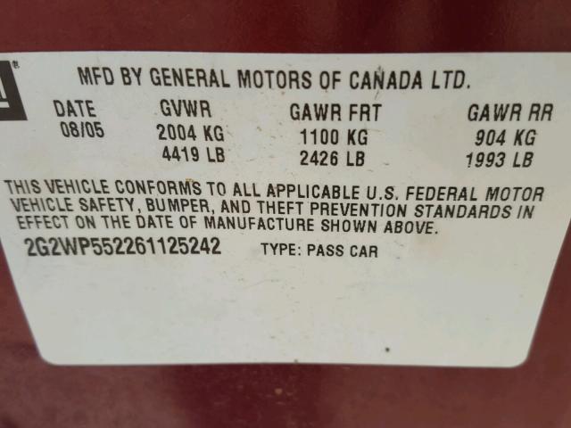 2G2WP552261125242 - 2006 PONTIAC GRAND PRIX MAROON photo 10