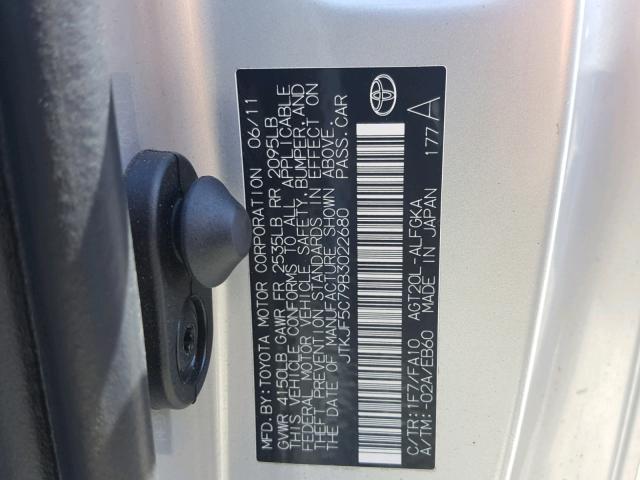 JTKJF5C79B3022680 - 2011 TOYOTA SCION TC 银色 照片 10