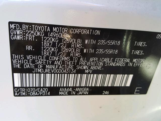 JTMDJREV0GD043134 - 2016 TOYOTA RAV4 HV LI WHITE photo 10