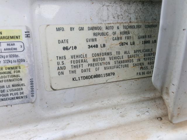 KL1TD6DE0BB115870 - 2011 CHEVROLET AVEO LS WHITE photo 10