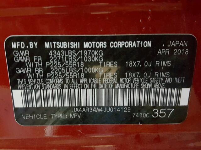 JA4AR3AW4JU014129 - 2018 MITSUBISHI OUTLANDER RED photo 10