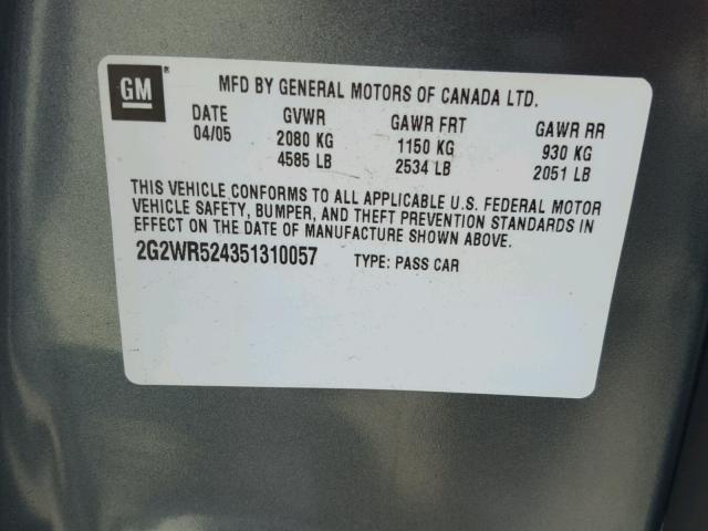 2G2WR524351310057 - 2005 PONTIAC GRAND PRIX GRAY photo 10