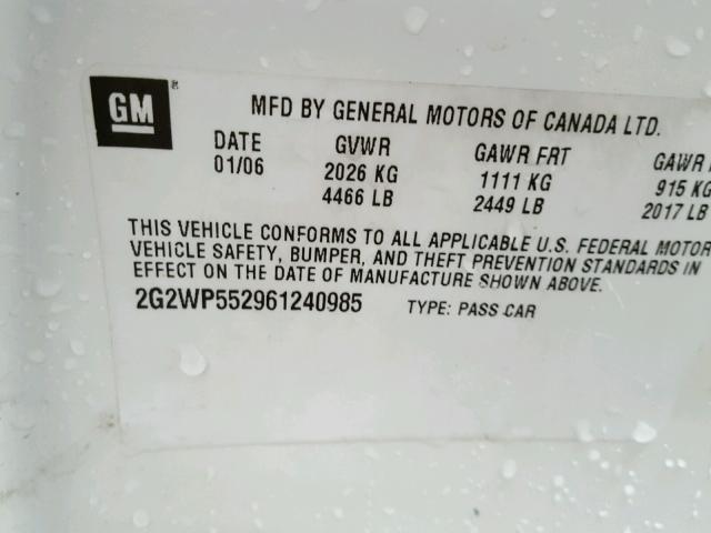 2G2WP552961240985 - 2006 PONTIAC GRAND PRIX თეთრი ფოტო 10