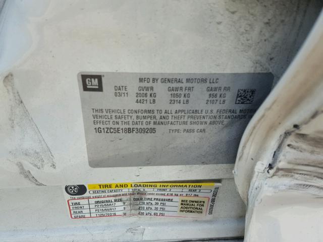 1G1ZC5E18BF309205 - 2011 CHEVROLET MALIBU 1LT WHITE photo 10