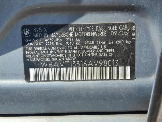 WBAVT13516AV98013 - 2006 BMW 325 XIT TEAL photo 10