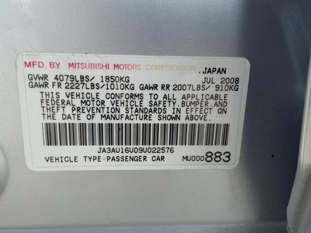 JA3AU16U09U022576 - 2009 MITSUBISHI LANCER DE SILVER photo 10