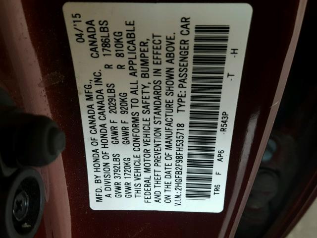 2HGFB2F98FH535718 - 2015 HONDA CIVIC EXL BURGUNDY photo 10