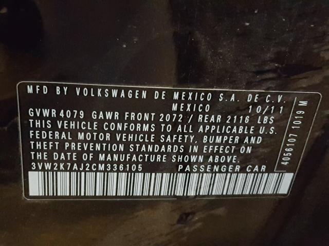 3VW2K7AJ2CM336105 - 2012 VOLKSWAGEN JETTA BASE 黑色 照片 10