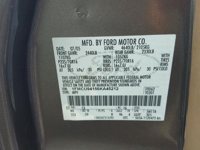 1FMCU94156KA45212 - 2006 FORD ESCAPE LIM GRAY photo 10