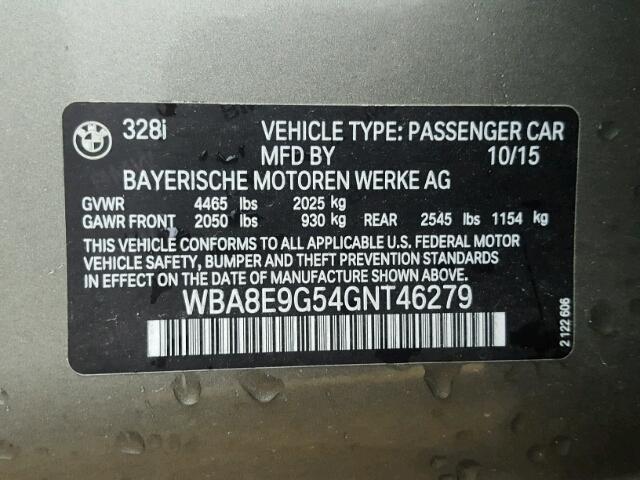 WBA8E9G54GNT46279 - 2016 BMW 328 GRAY photo 10