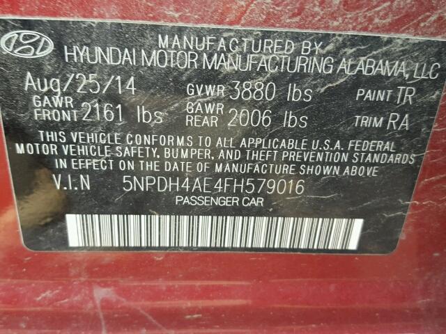 5NPDH4AE4FH579016 - 2015 HYUNDAI ELANTRA SE RED photo 10