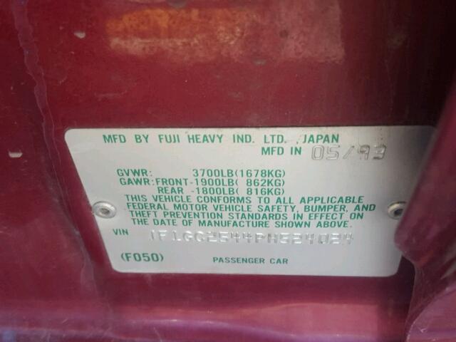 JF1GC2544PH524024 - 1993 SUBARU IMPREZA LS BURGUNDY photo 10