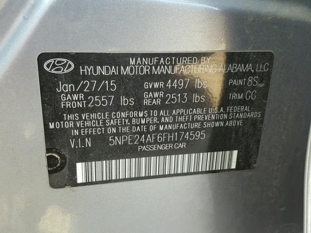 5NPE24AF6FH174595 - 2015 HYUNDAI SONATA GRAY photo 10