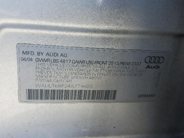 WAULT68E24A279603 - 2004 AUDI A4 3.0 QUA SILVER photo 10