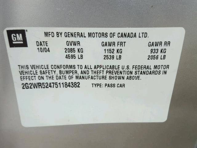 2G2WR524751184382 - 2005 PONTIAC GRAND PRIX SILVER photo 10