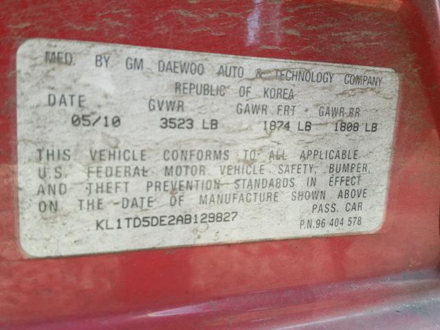 KL1TD5DE2AB129827 - 2010 CHEVROLET AVEO LS RED photo 10