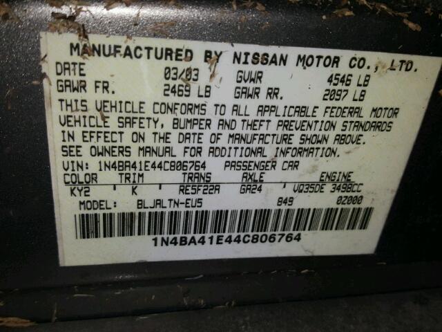 1N4BA41E44C806764 - 2004 NISSAN MAXIMA GOLD photo 10