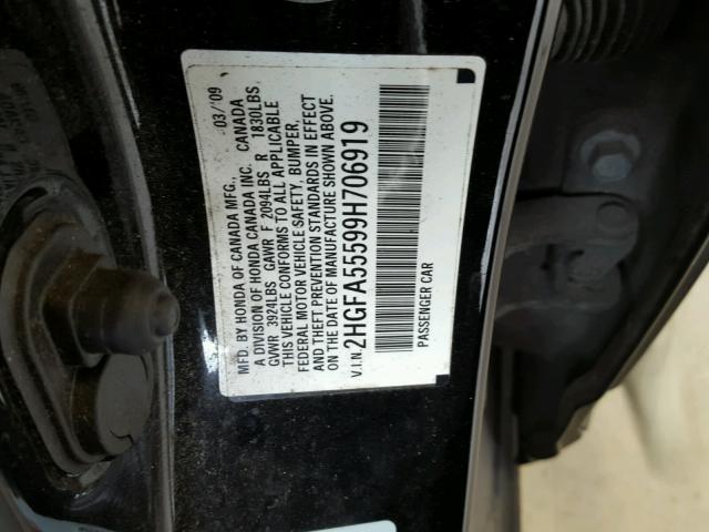 2HGFA55599H706919 - 2009 HONDA CIVIC SI BLACK photo 10