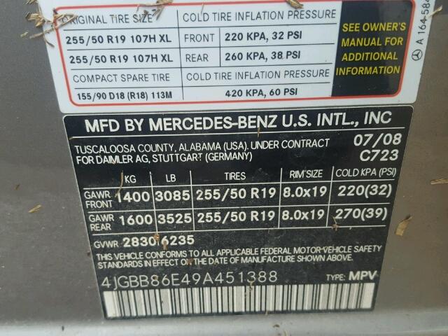 4JGBB86E49A451388 - 2009 MERCEDES-BENZ ML 350 SILVER photo 10