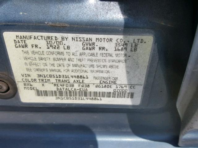 3N1CB51D31L448861 - 2001 NISSAN SENTRA BLUE photo 10