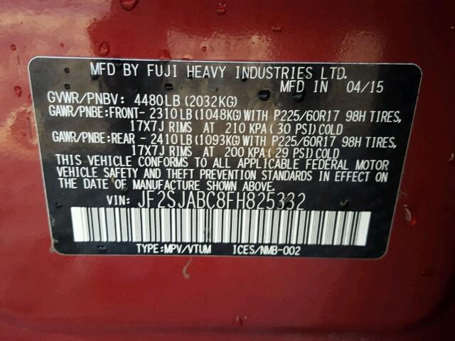 JF2SJABC8FH825332 - 2015 SUBARU FORESTER 2 RED photo 10