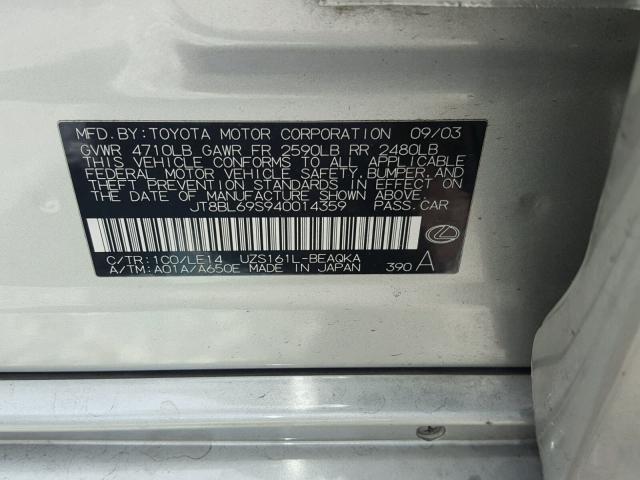 JT8BL69S940014359 - 2004 LEXUS GS 430 SILVER photo 10