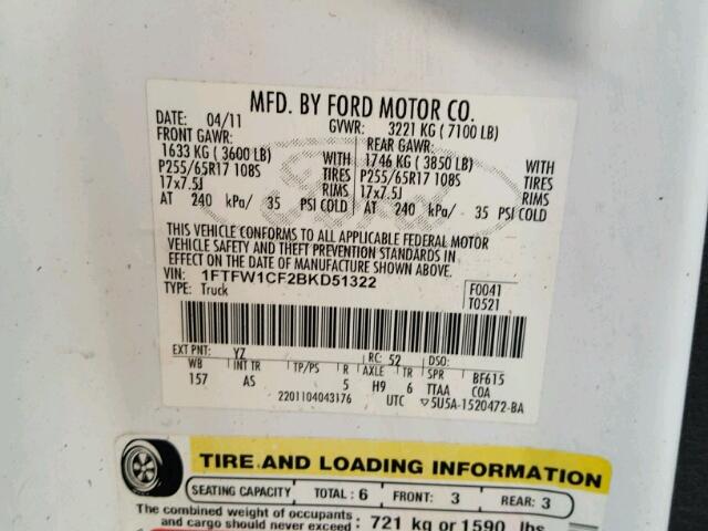 1FTFW1CF2BKD51322 - 2011 FORD F150 SUPER WHITE photo 10