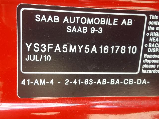 YS3FA5MY5A1617810 - 2010 SAAB 9-3 2.0T RED photo 10