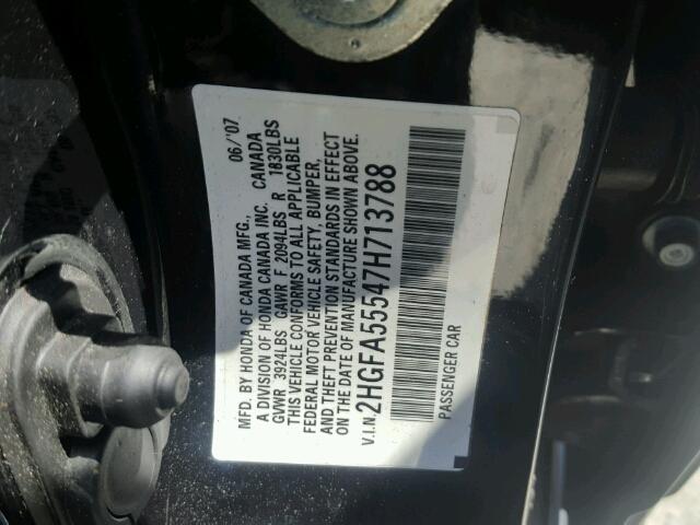 2HGFA55547H713788 - 2007 HONDA CIVIC SI BLACK photo 10