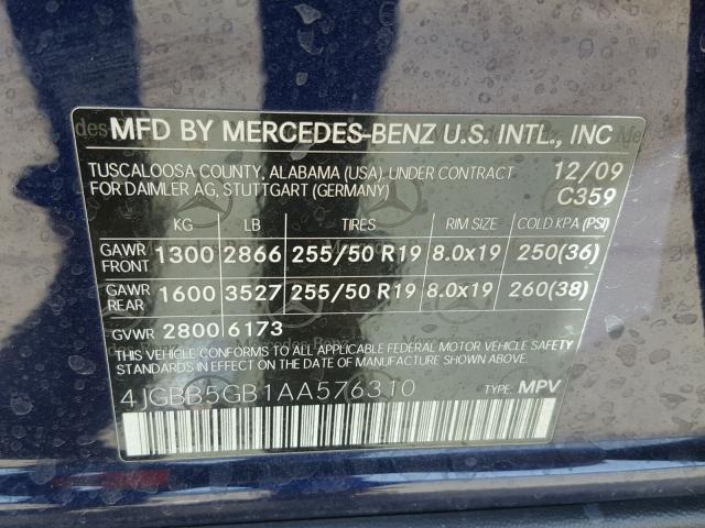 4JGBB5GB1AA576310 - 2010 MERCEDES-BENZ ML 350 BLUE photo 10