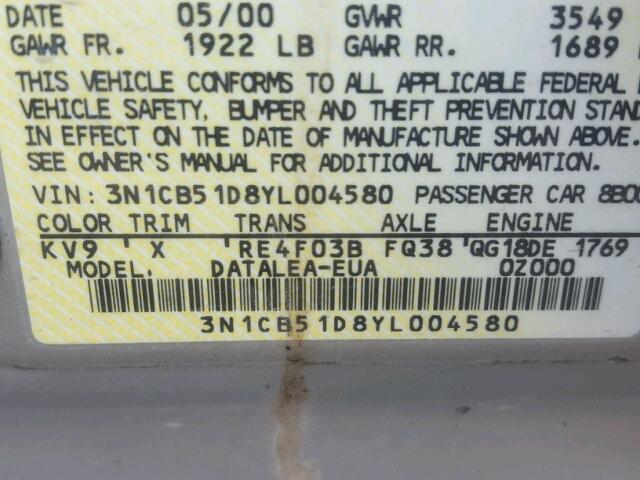 3N1CB51D8YL004580 - 2000 NISSAN SENTRA BAS SILVER photo 10