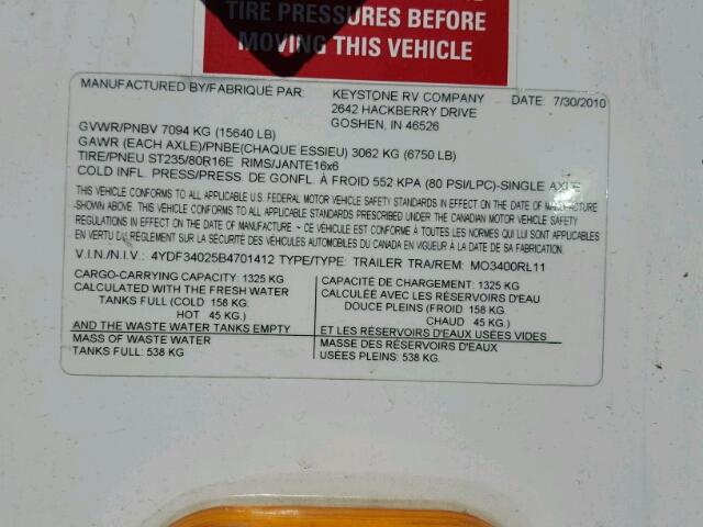 4YDF34025B4701412 - 2011 KEYSTONE MONTANA WHITE photo 10