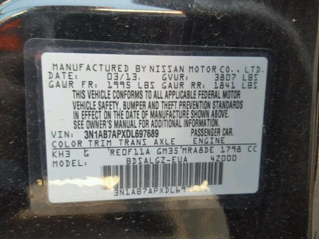 3N1AB7APXDL697689 - 2013 NISSAN SENTRA S BLACK photo 10