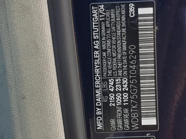 WDBTK75G75T046290 - 2005 MERCEDES-BENZ CLK 500 BLUE photo 10